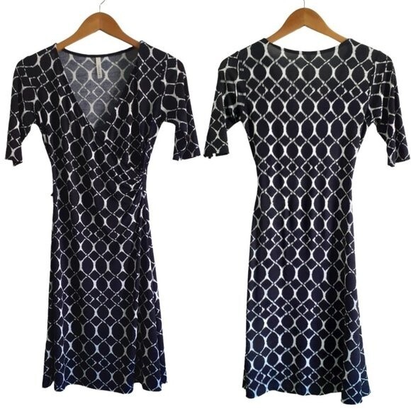 Gilli Trista Faux Wrap Jersey Dress Geometric Prints Black & White Style D3762 S - Picture 2 of 12